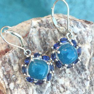 Natural Blue Quartz & Iolite Drop Earrings .925 Sterlings Silver Rare Limited
